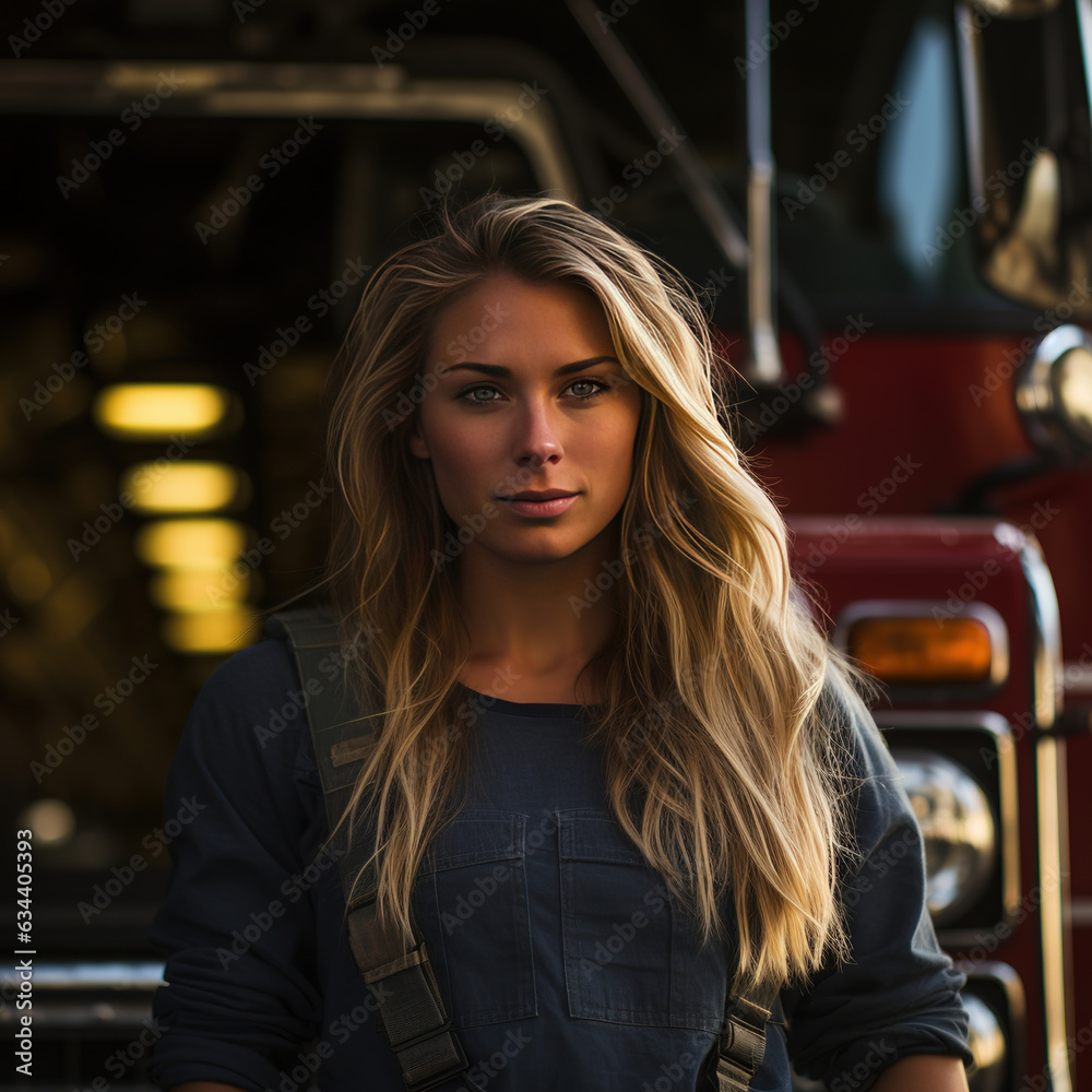 Firefighter woman standing in front of a fire truck Fire fighter woman standing in front of a fire truck Firefighter woman standing in front of a fire truck Fire fighter woman standing in front of a fire truck