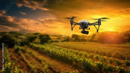 Drone with digital camera flying over agricultural field. ai generative