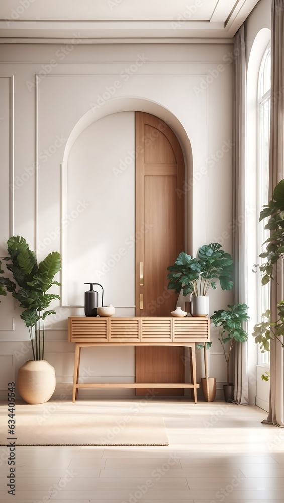 Modern entrance hall with door and wooden console table has a bright interior design. Developed using generative AI Modern entrance hall with door and wooden console table has a bright interior design. Developed using generative AI