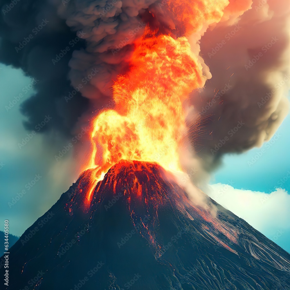 Erupting volcano spews flame and smoke outdoors