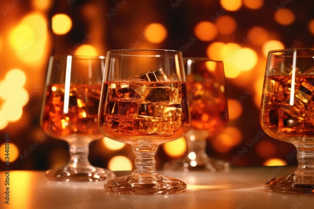 glasses with a drink on the background of a blurred festive illumination. glasses with a drink on the background of a blurred festive illumination.
