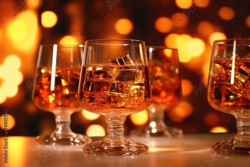 glasses with a drink on the background of a blurred festive illumination. 