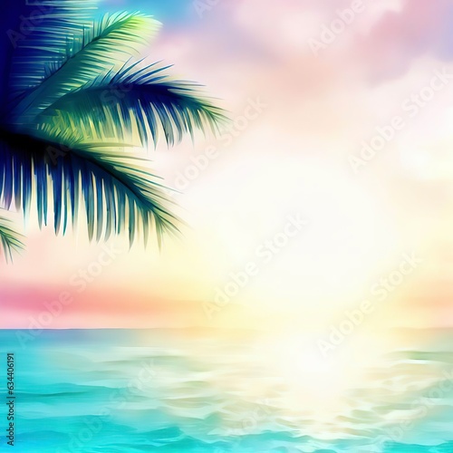 summer sea with leaves palm at sunset and copy space,sky relaxing concept ,beautiful tropical background for travel landscape ,watercolor digital painting style © Denis