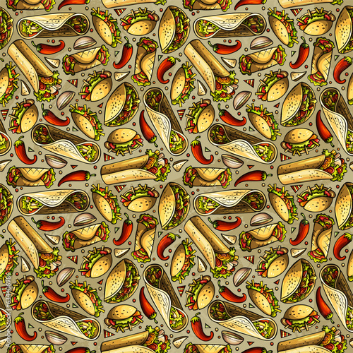Mexican Food doodles seamless pattern.