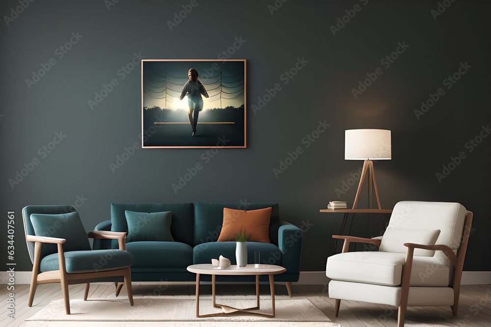 a black living room with a couch, chair, and a lamp. side view