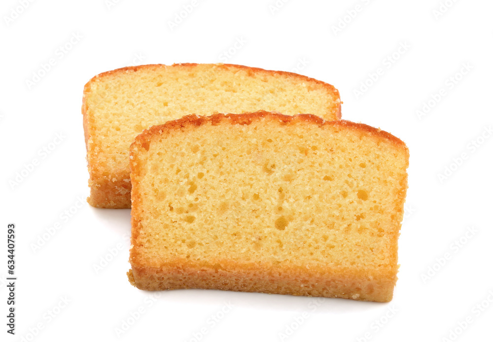 Butter cake sliced on white background