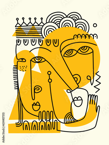 Abstract decorative face portrait line art vector illustration. Shapes, lines, cubism with simple color hand drawn art design.