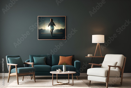 a black living room with a couch, chair, and a lamp. side view