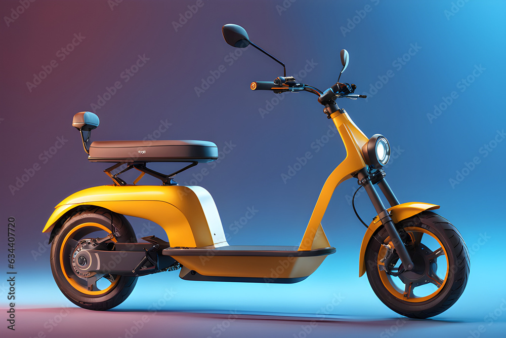 Bright Yellow E-Scooter Amidst Blue Background Outer Space Vanishing Point 
