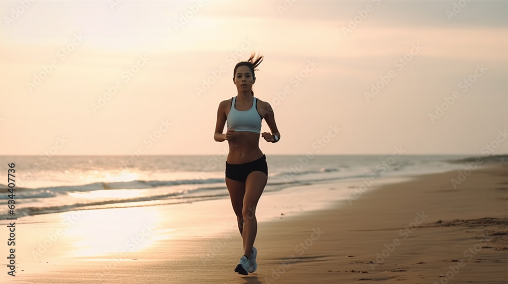  athletic beautiful young woman runs along the beach, goes in for sports in sportswear. 