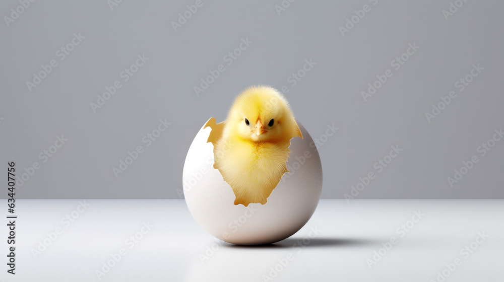 small yellow chicken in a shell on a light background. postcard with copy space, easter concept. small yellow chicken in a shell on a light background. postcard with copy space, easter concept.