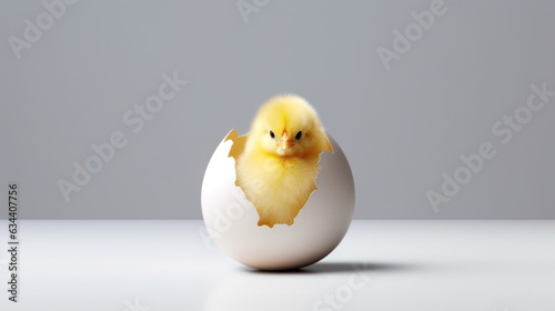 small yellow chicken in a shell on a light background. postcard with copy space, easter concept. 