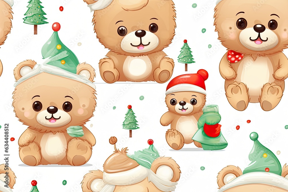 Fototapeta premium Mix Christmas teddy bears on white seamless background, wrapping paper