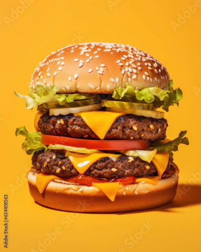 Generated photorealistic image of a melted cheese burger on a yellow background