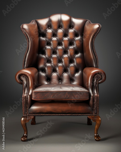 Generated photorealistic image of a brown leather armchair against a gray wall