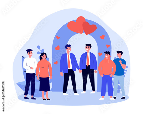 Happy gay couple getting married vector illustration. Men holding hands at wedding, guests congratulating them. Legalization of same-sex marriage. LGBT relationship, love concept