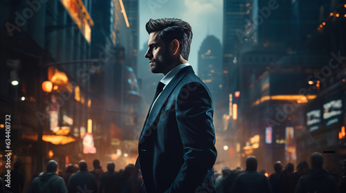 Determined business person standing tall in a urban environment. The back view adds a sense of mystery, highlighting the determination, confidence and ambition in achieving success.