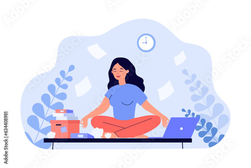 Happy woman meditating on office table vector illustration. Cartoon drawing of worker regulating emotions at workplace or home, sitting on desk. Meditation, mindfulness, psychology, stress concept