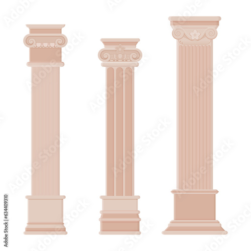 Different antique ionic columns vector illustrations set. Collection of ancient marble or stone pillars for Greek or Roman buildings. Architecture, Ancient Greece or Rome, decoration concept