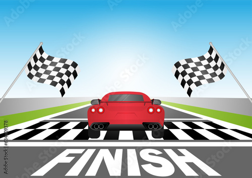 Racing Car Reach the Finish Line in Racing Track. Vector Illustration.