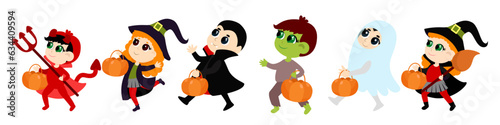 Set of little cute kids in devil costume, zombie, witch, vampire and ghost walk with baskets in their hands. Halloween illustration in cartoon style isolated on white background.