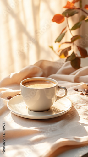 a cup of coffee on a white tablecloth in the morning sun. 