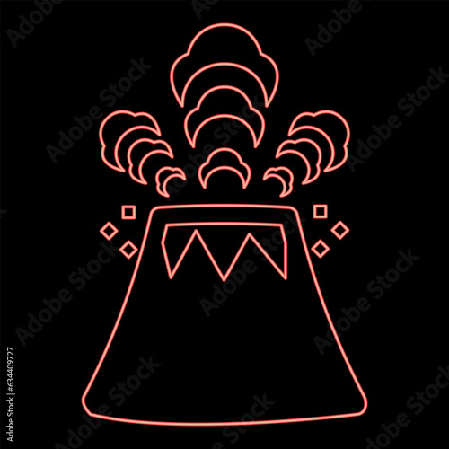 Neon volcano spewing lava and rocks red color vector illustration image flat style