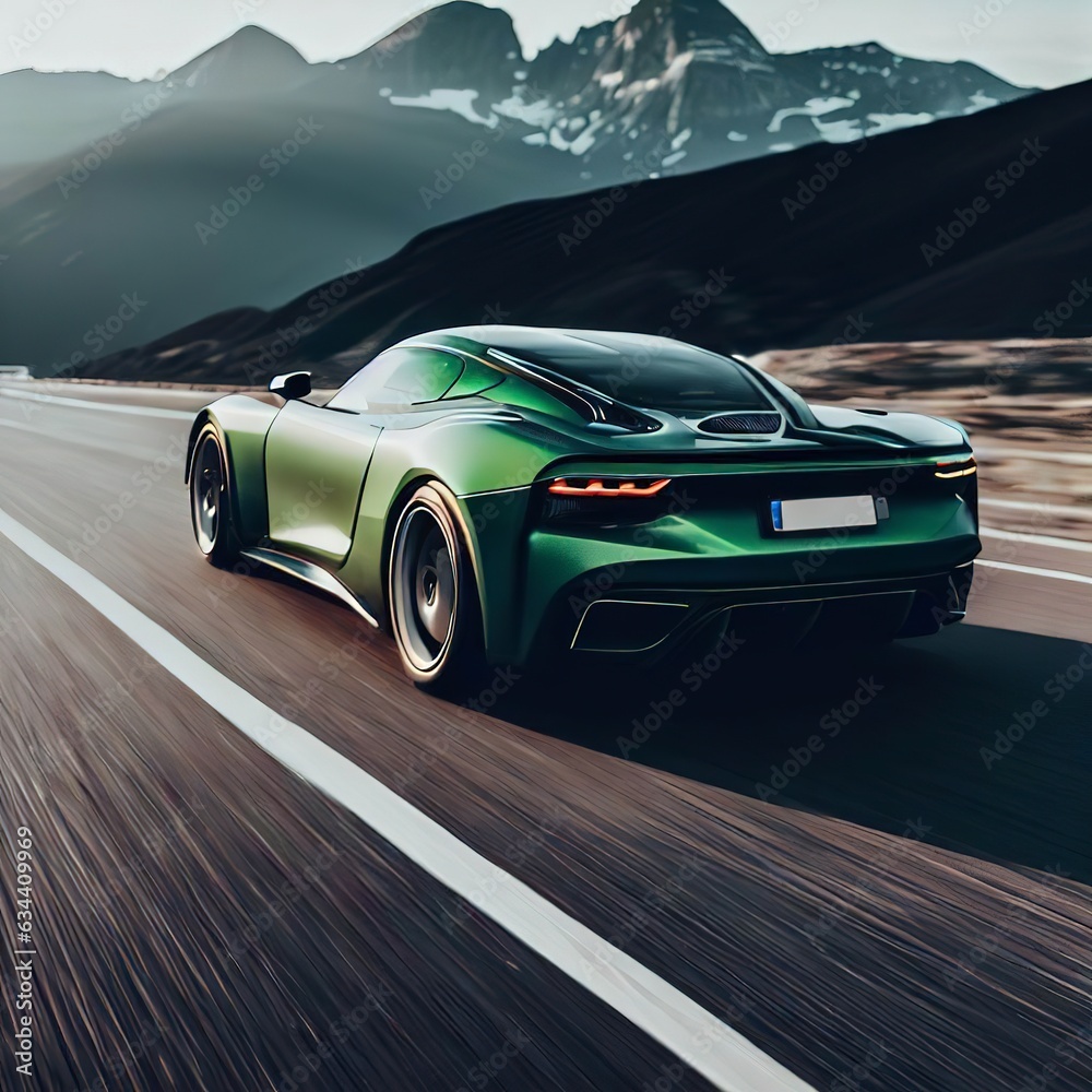 A green sports car is driving on a road in front of mountains