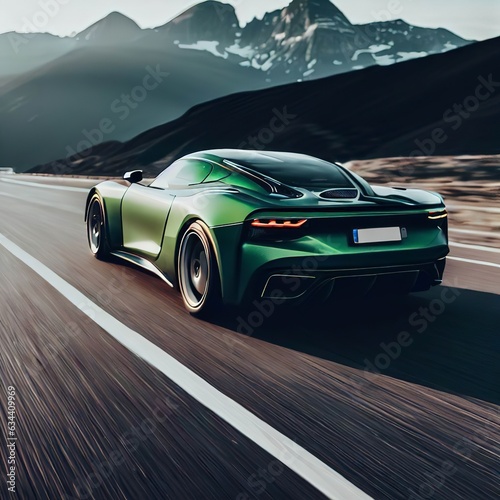 A green sports car is driving on a road in front of mountains