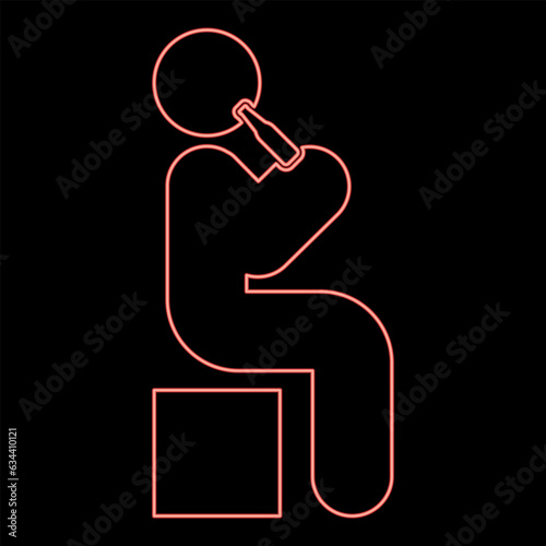 Neon man human drinking water alcohol beer from bottle sitting position red color vector illustration image flat style
