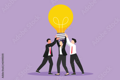 Graphic flat design drawing group of active people hold huge lamp new idea. Success in business rely on teamwork, good planning, finding creative solution to problem. Cartoon style vector illustration