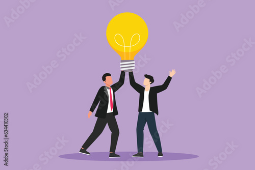 Graphic flat design drawing of goal achievement, winning, teamwork, business. Group of team businessman holding light bulb. Successful trouble solution idea creation. Cartoon style vector illustration