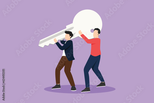 Cartoon flat style drawing business solution. Teamwork achievement. Cooperation and collaboration job. Two men lifting big key. Effective work. Direction to success. Graphic design vector illustration
