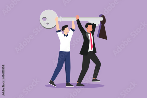 Cartoon flat style drawing business key concept with two male figures wearing suits while lifting and inserting huge key to keyhole. Businessman movement forwards. Graphic design vector illustration