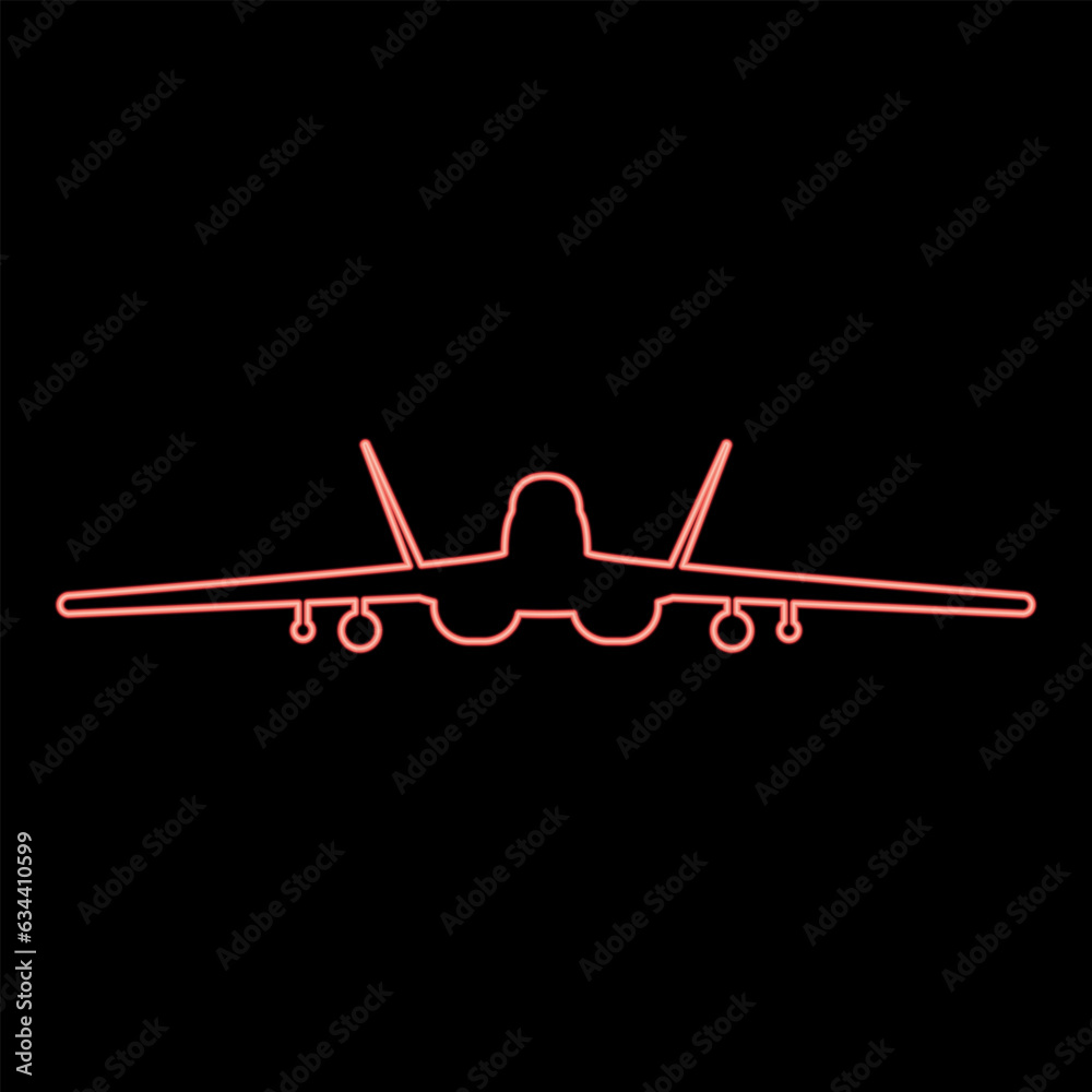 Neon jet fighter fight airplane modern combat aviation warplane military aircraft airforce red color vector illustration image flat style