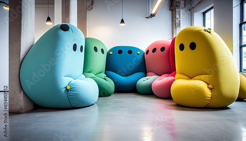 A bustling creative agency with vibrant artwork bean bags and collaborative workspaces. Photo in high quality