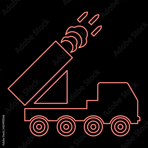 Neon multiple launch volley reactive rocket system fire shoots missiles red color vector illustration image flat style