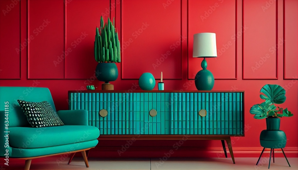 red wall, living room scene , modern credenza , color palette: emerald green, carolina blue, modern vase, Photo in high quality