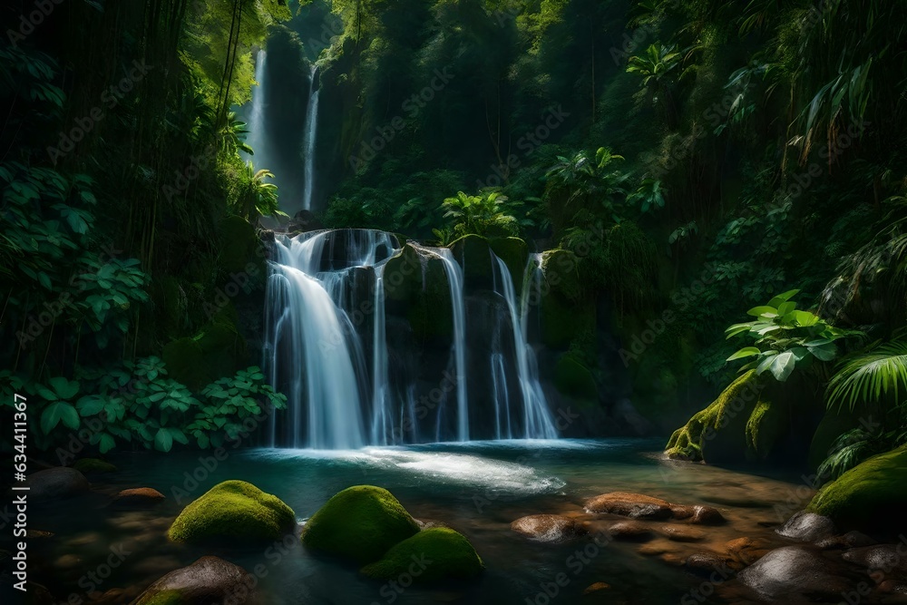 A tranquil waterfall surrounded by lush vegetation