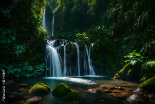 A tranquil waterfall surrounded by lush vegetation © Muhammad