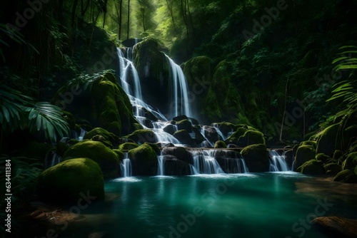 A tranquil waterfall surrounded by lush vegetation