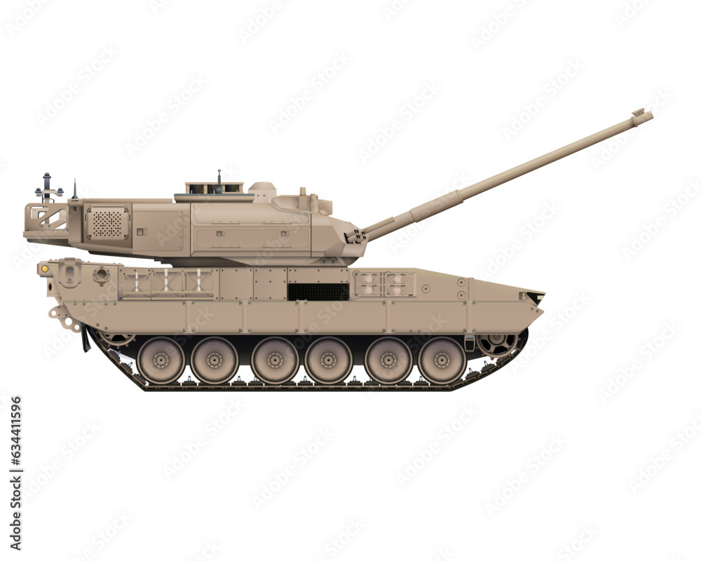 Main battle tank in realistic style. Hight barrel. Armored fighting military vehicle. Detailed colorful vector illustration isolated on white background.