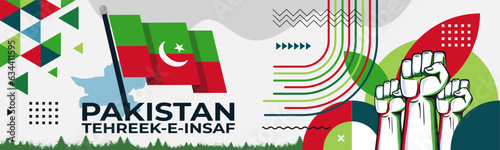 Pakistan tehreek-e-insaf , means league of justice, political party national day banner, PTI flag colors background and geometric abstract modern green red white design. Pakistani insafians flag.