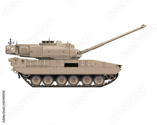 Main battle tank in realistic style. Hight barrel. Armored fighting military vehicle. Detailed colorful vector illustration isolated on white background.