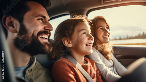 Dad and two kids riding in the car, laughing and smiling broadly as they travel. Created with Generative AI technology. © MP Studio