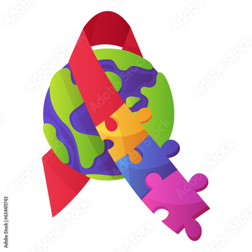 World autism awareness day colorful ribbon with puzzle pieces, jigsaw. International solidarity, asperger’s day. Health care, mental illness. Charitable organization, medical or wellness center.
