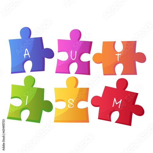 World autism awareness day colorful puzzle pieces with text. Jigsaw symbol. International solidarity, asperger’s day. Health care, mental illness. Charitable organization, medical or wellness center.