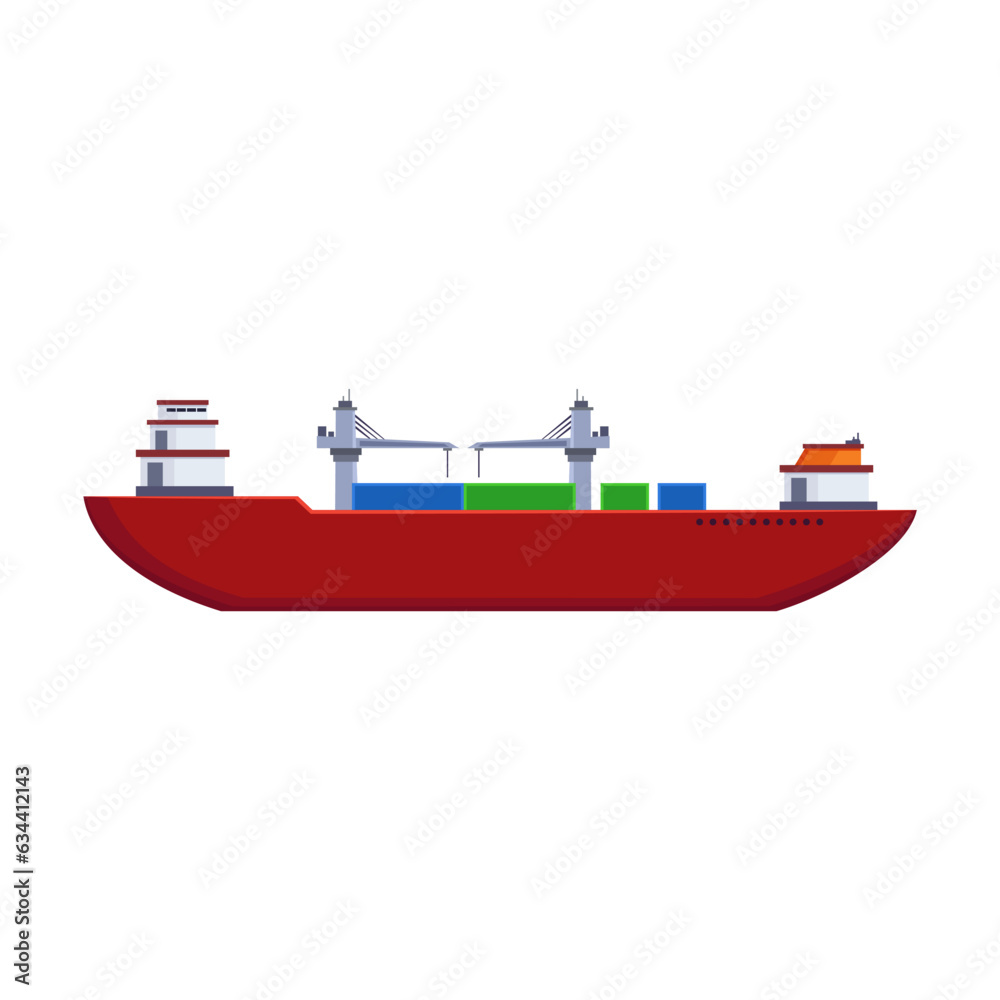 Side view of ferry boat on white background. Cargo ship, commercial container carrier cartoon illustration. Cargo, shipping concept Side view of ferry boat on white background. Cargo ship, commercial container carrier cartoon illustration. Cargo, shipping concept