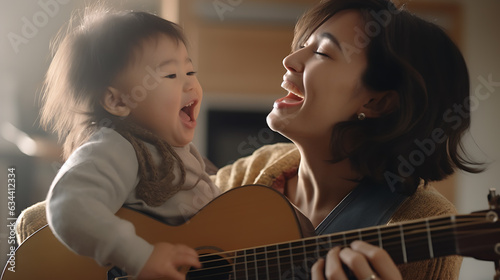 Mother and her little daughter singing while playing the guitar.Created with Generative AI technology.