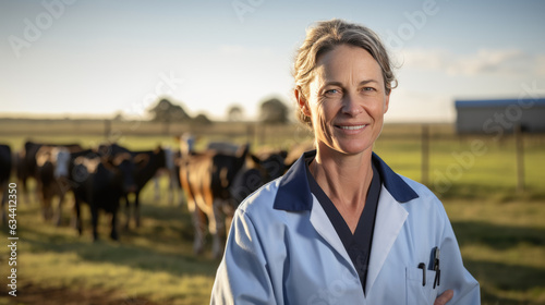 A veterinarian stands in front of cows and smiles for the camera. Created with Generative AI technology.